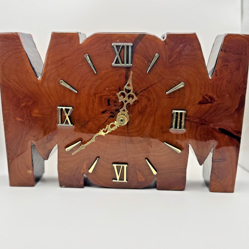 Vintage Acrylic lacquered MOM wood clock with roman numeral numbers attached.